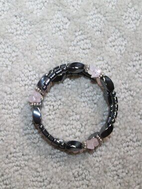 Multi-strand Memory Wire Hematite & Rose Quarts Bracelet